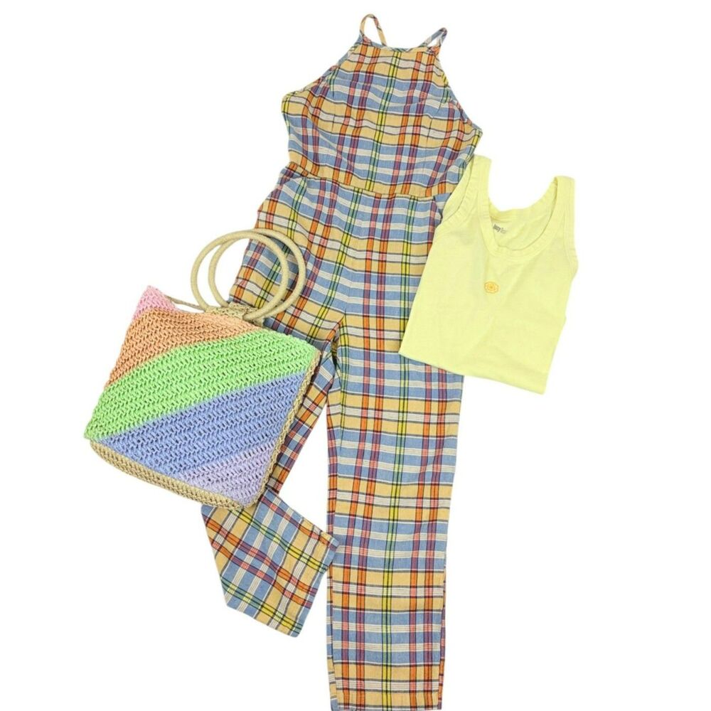 Vintage Style Plaid Cotton Overalls Jumpsuit Pastel Madras Wide Leg Romper 6